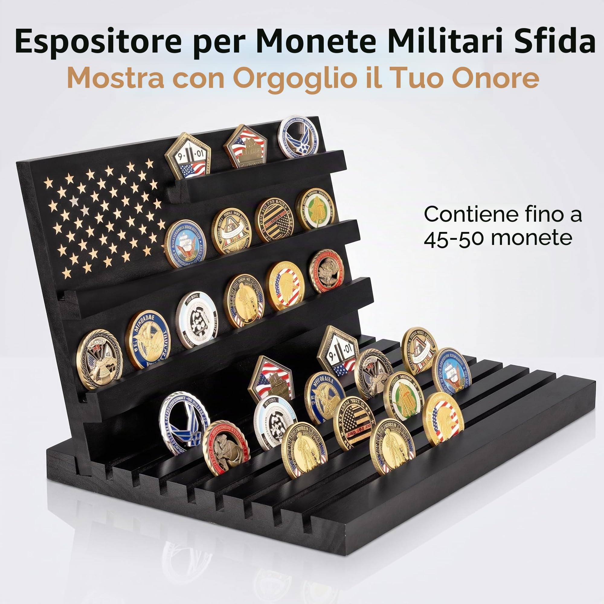Porta Medaglie in Legno Massello, Espositore Inclinato per Medaglie e Monete da Collezione, Porta Monete da Collezione con Capacità 15-18 Oggett,Vetrinetta per Oggetti da Collezione