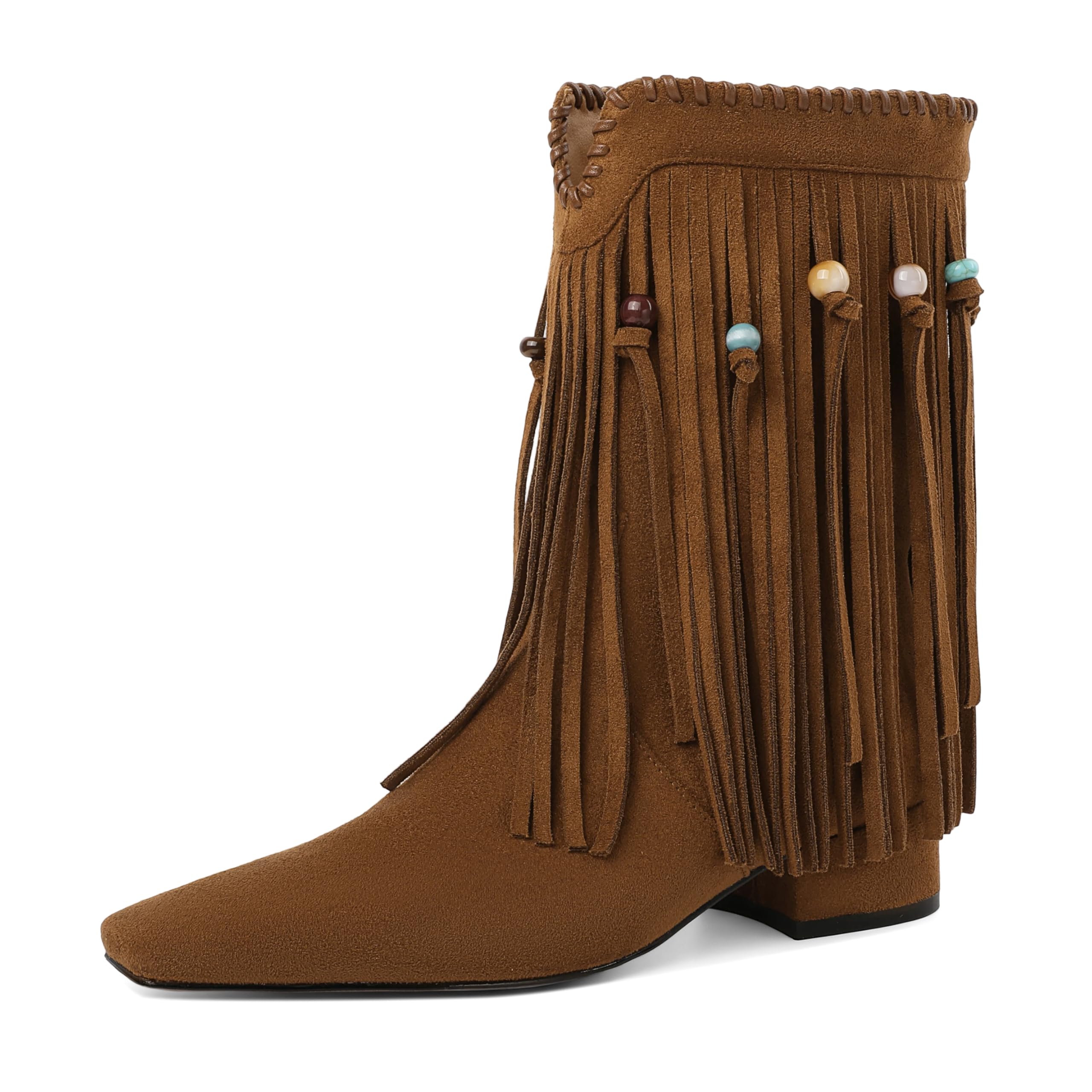 Joseywade Suede Cowboy Boots for Women 4cm Block Heel Ankle Fringe Cowboy Boots Western Tassel Boot