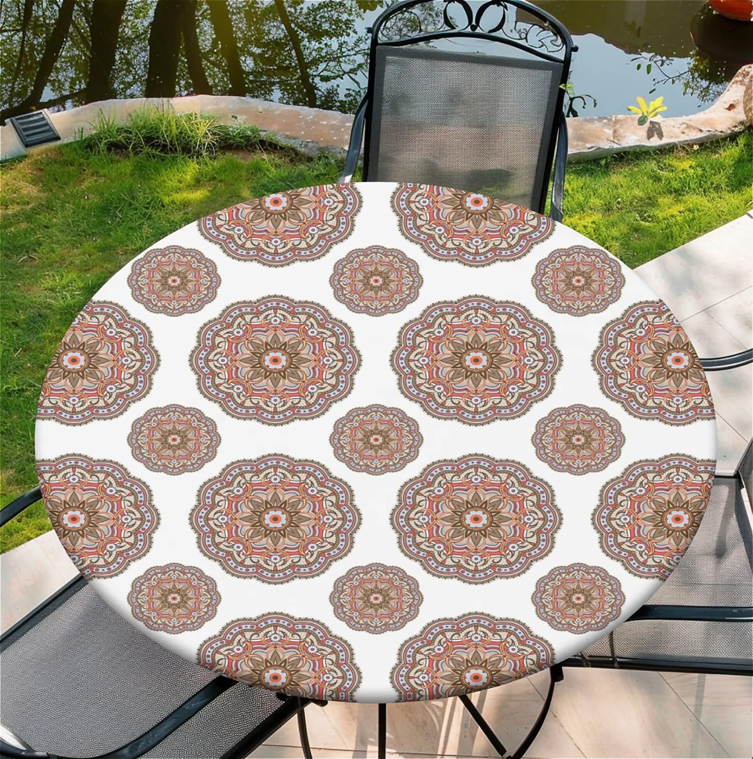 Waterproof Round Tablecloth with Elastic Edge, Bohemian Pattern Table Protector for Indoor Outdoor Use, Kitchen Dining Room Party 36"(80-90cm)
