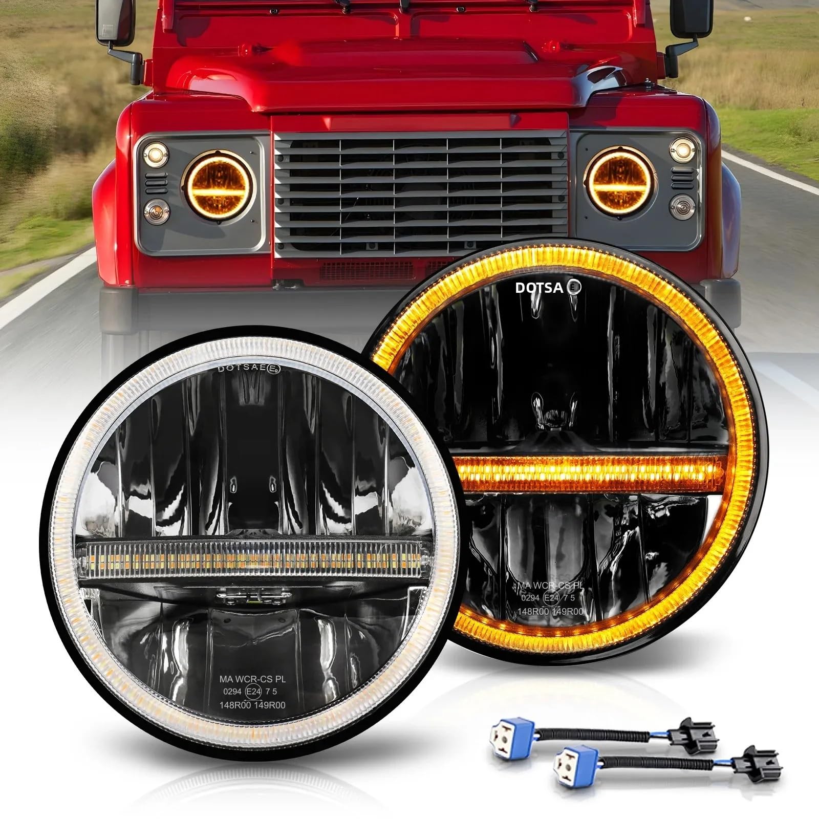 Faros de Motocicleta Luces de Niebla Compatible con todoterreno Wrangler FJ40 12V 24V 7 pulgadas faro de motocicleta Hi/Lo Beam Angel Eyes DRL doble Color 6000k + 3500k Faro Compatible