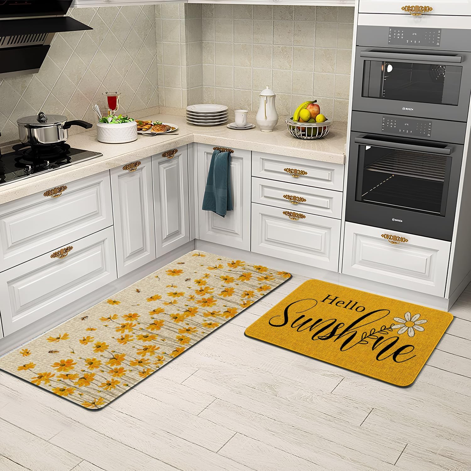 Spring Summer Floral Kitchen Rugs Sets of 2 Non Slip Washable, Hello Sunshine Yellow Daisy Spring Flower Summer Kitchen Mats for Floor 2 Piece Home Decor