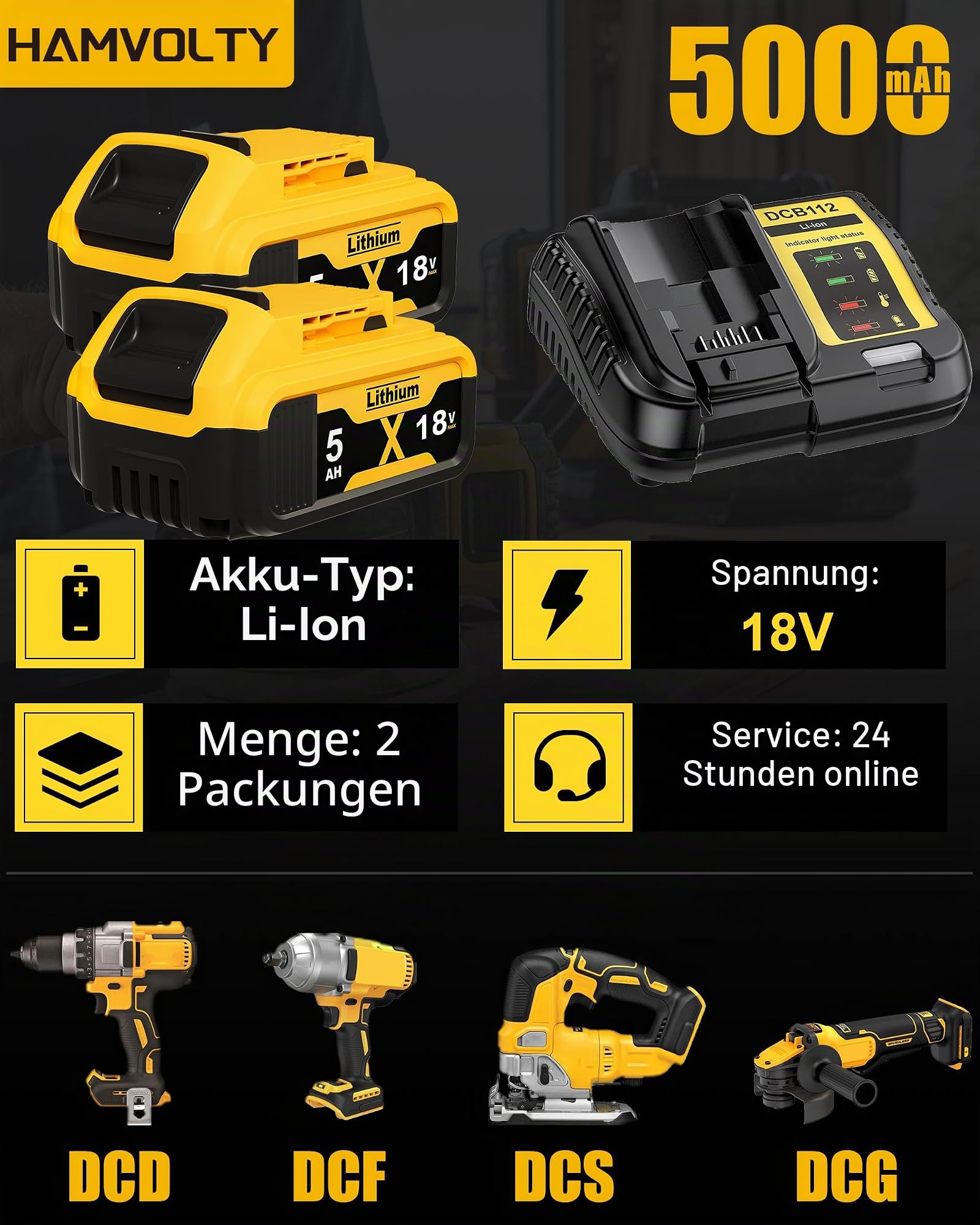 2Stück 5000mAh Ersatzakku für Dewalt Akku 18V + 4A DCB115 Ersatz für Dewalt Ladegerät XR DCB182 DCB184 DCB200 DCB184 DCB101 DCB107