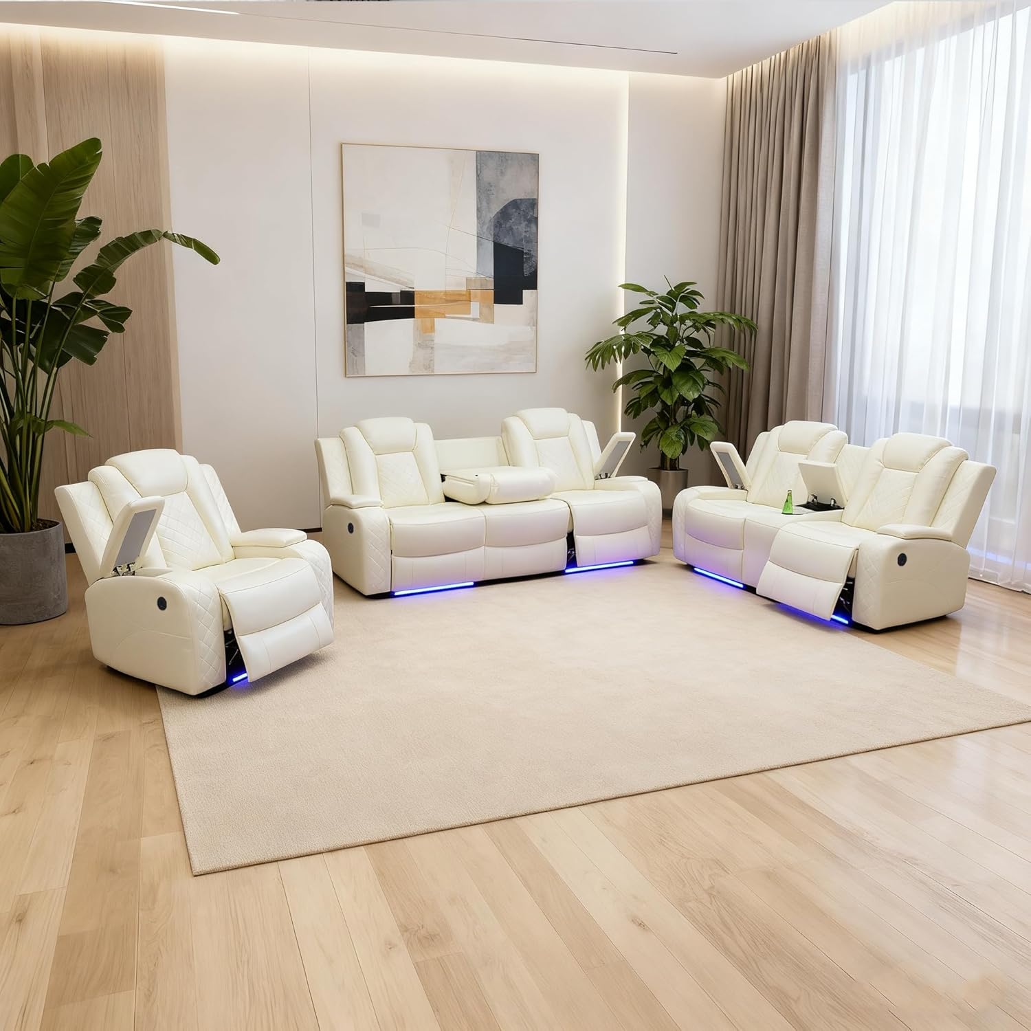 Power Recliner Sectional Sofa Set for Living Room, Leather Recliner Sofa Sets, L-Shaped Corner Sectional Couch Sets with LED Lights, Console Storage(Sectional and Chair,Cream)