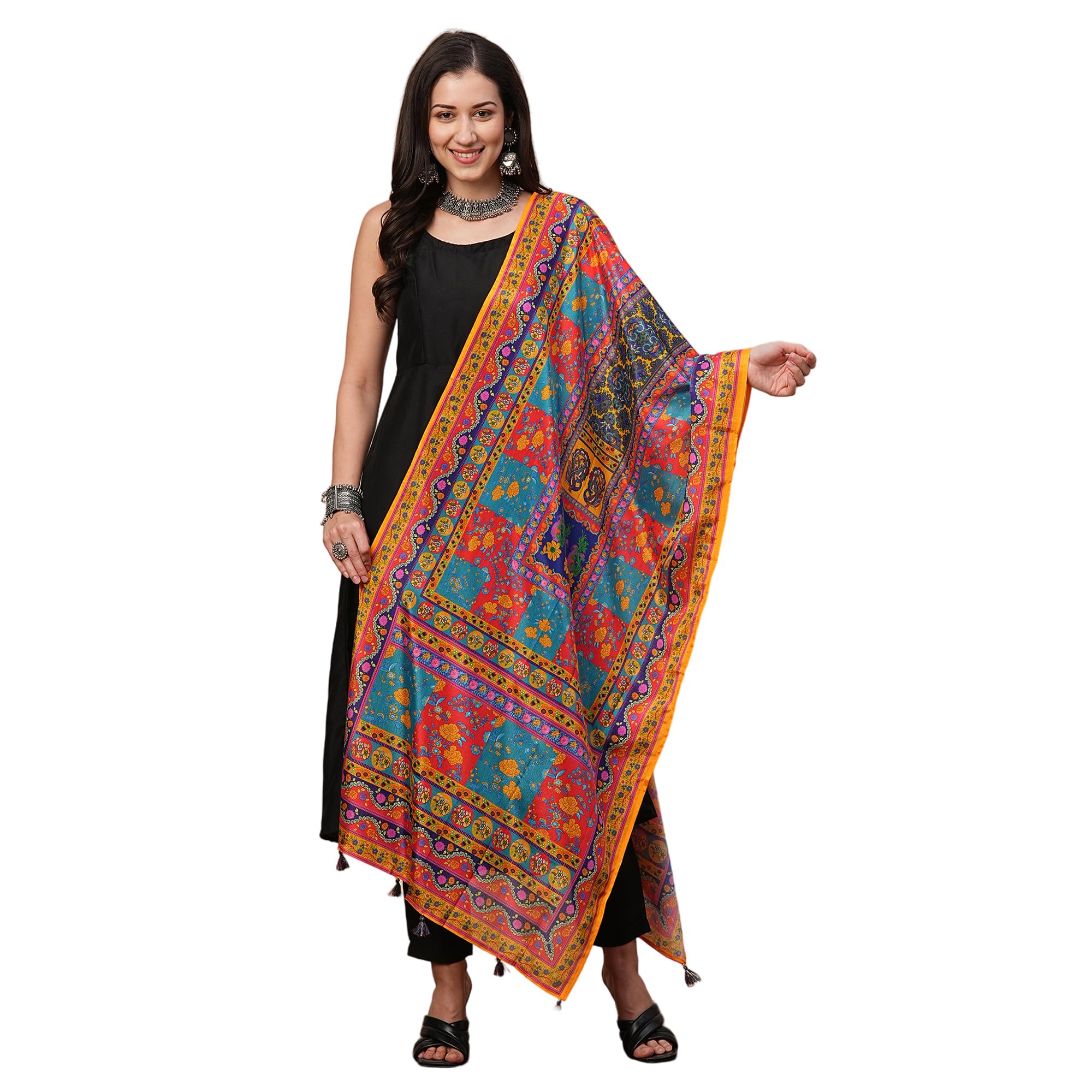 globus Women's Silk Blend Multi Colour Ethnic Motifs With Dupatta With Tassel Detailing, Free Size-picture-26