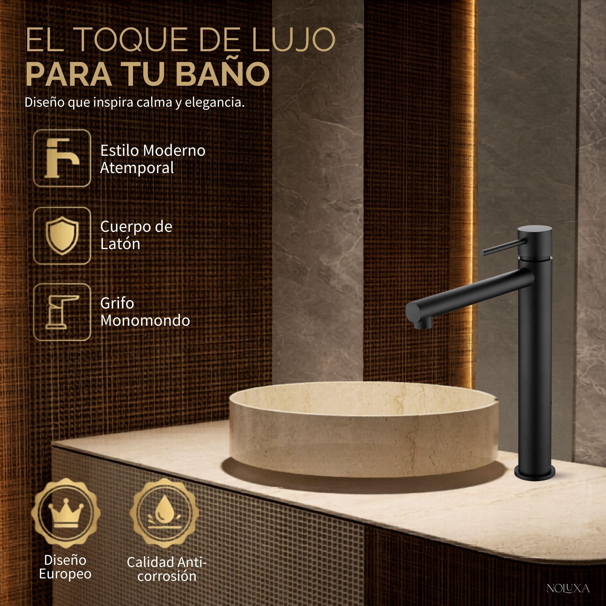 IMEX - Grifo Lavabo Negro Caño Alto | Grifo para Lavabo de Baño con Agua Fría y Caliente | Grifería Monomando Efeto Cascada con Caño de Latón | Ahorro de Agua | Serie Milos Stick | Color Negro Mate