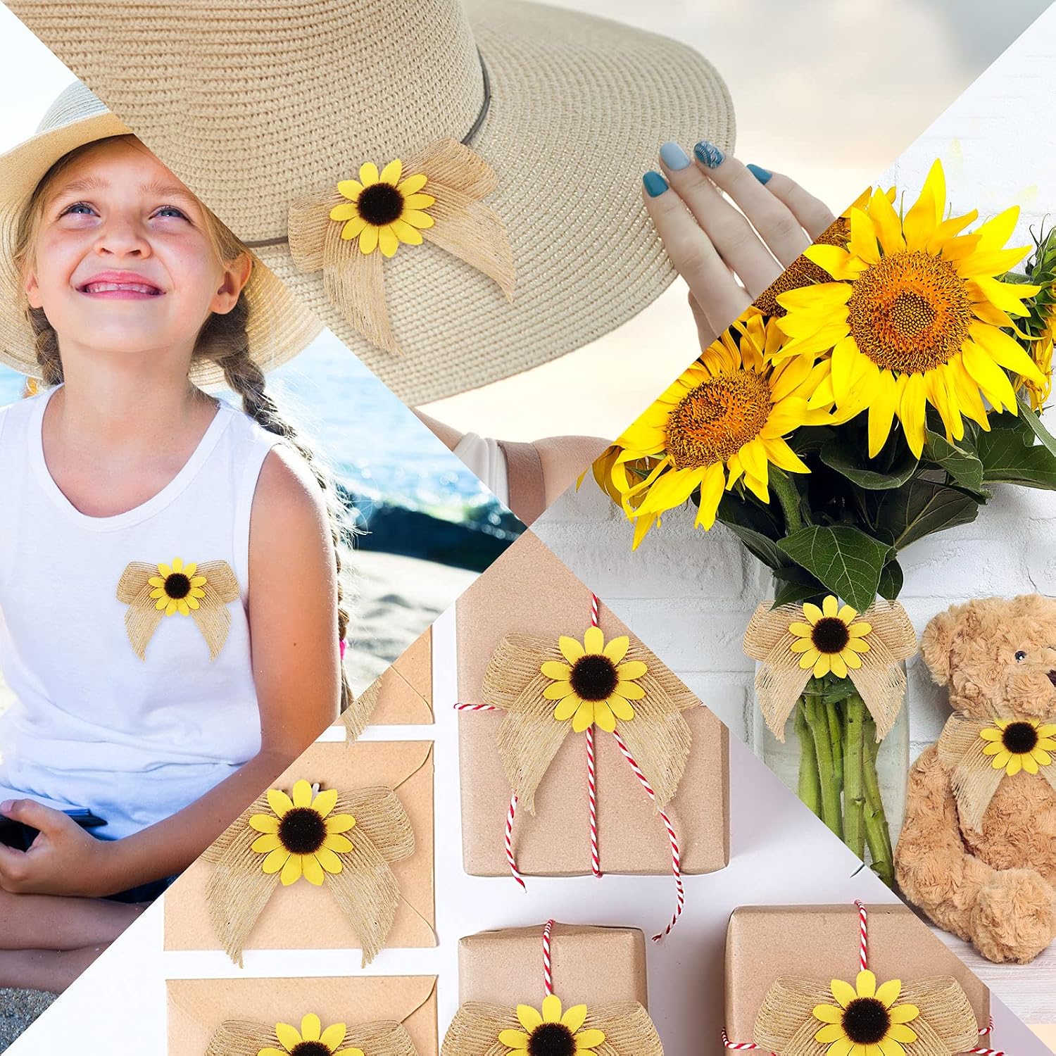 Syhood 12 Pieces Sunflower Burlap Bow 3 Inch Summer Artificial Handmade Wreath Bow Fall Natural Sunflower Decor for Crafts Summer Fall Christmas Tree DIY Home Decoration