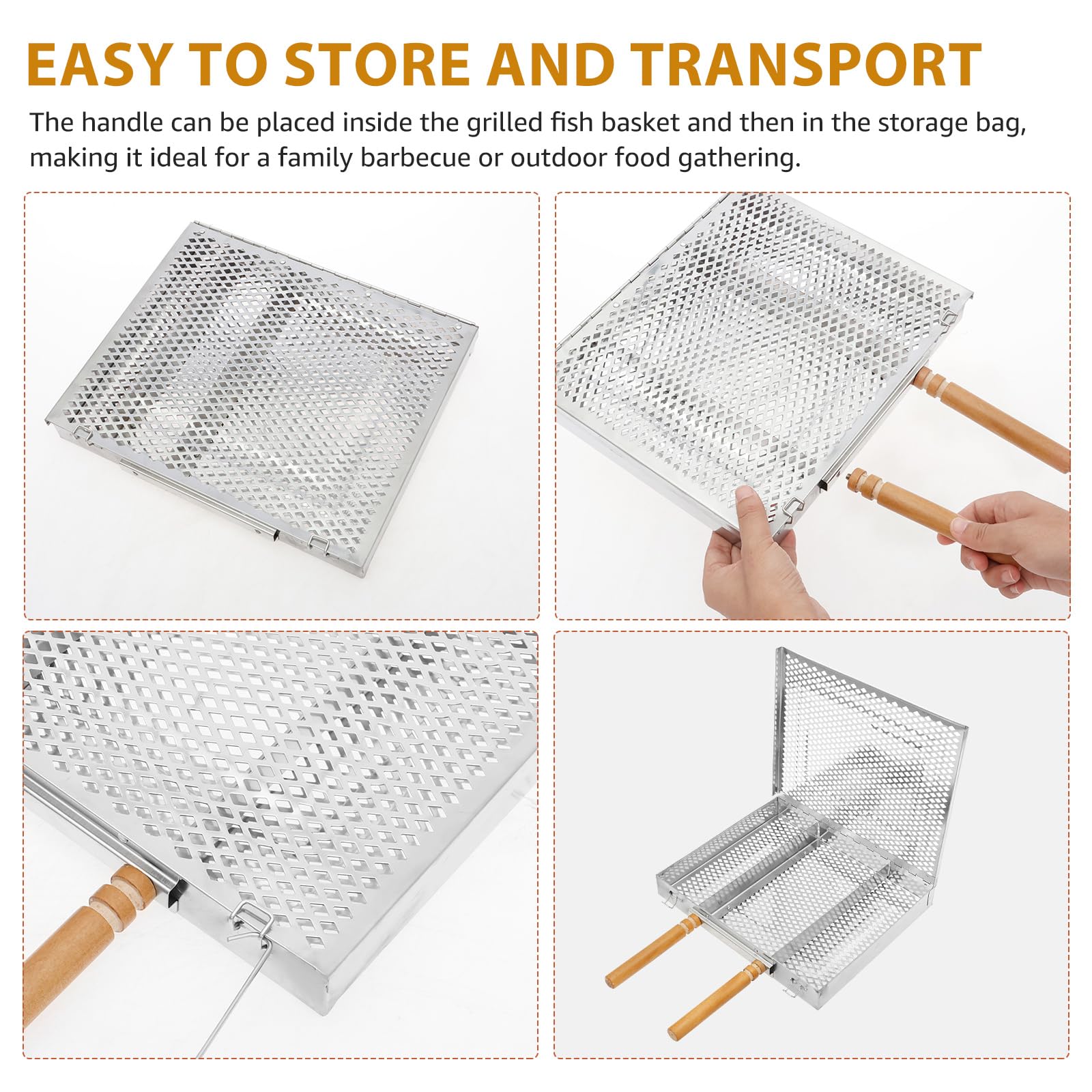 Griglia in acciaio inox per barbecue, grigliare pesce, verdure, gamberetti, griglia portatile da esterno con manico in legno, accessori per barbecue perfetti per regali