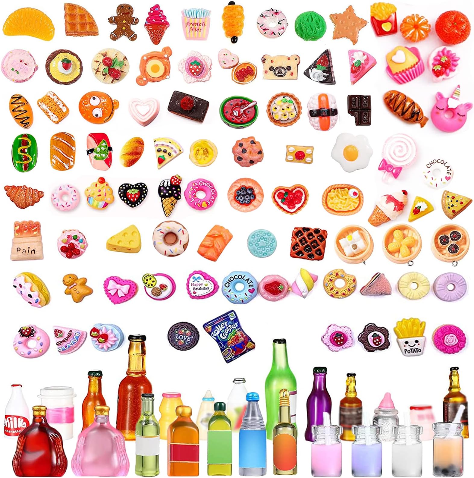 WanderGo Play Food Sets for Children Kitchen, 116 PCS Mini Pretend Food Kids Kitchen Accessories Tableware Set Compatible With Barbie Doll House Teenager Kids Bread Chocolate Bottle