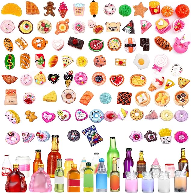 WanderGo 116 PCS Miniature Food Drink, Mixed Resin Mini Pretend Foods Play Kitchen Accessories 1:12 Scale Model Toys Tableware Set for Barbie Doll House Teenager Daughter Adult Bread Chocolate Bottle