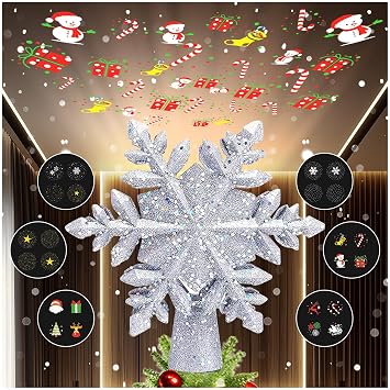 Christmas Tree Topper Projector Light with 6 Patterns, Built-in LED Rotating Lights,Dynamic Projection, 3D Glitter Projector for Indoor Home Xmas New Year Party Holiday Night Tree DecorSnowflake.