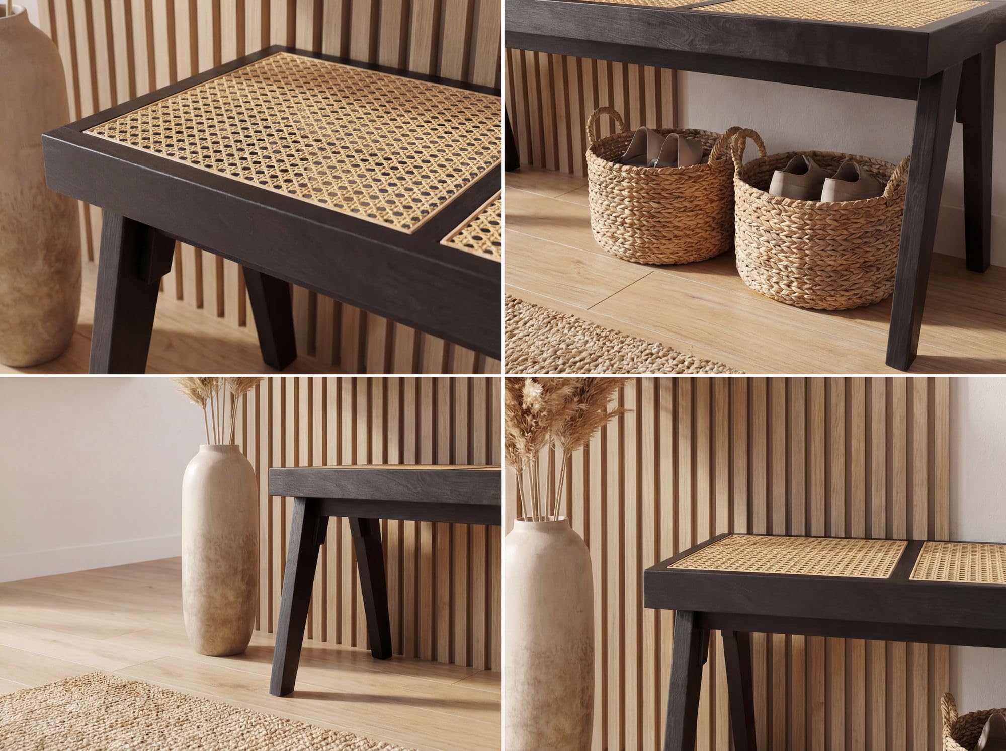 FineBuy Sitzbank Rattan Akazie Massivholz 120cm Schwarz - Design Holzbank Wiener Geflecht - Bettbank Flurbank Retro - Esszimmerbank Bank Handmade