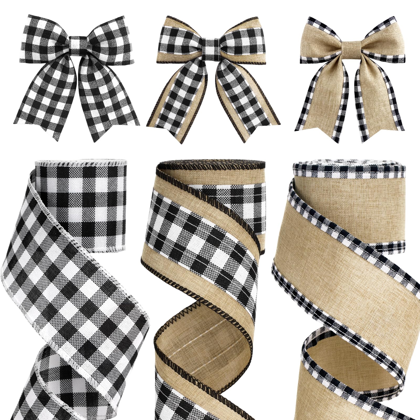 KINGLAKE 3 Rolls x 6 Yards Christmas Wired Ribbon for Wreath Bows Making, 2.5 Inch Wide Tartan Brown Black White Burlap Hessian Ribbon for Gift Wrapping Xmas Tree Decorations — image 1