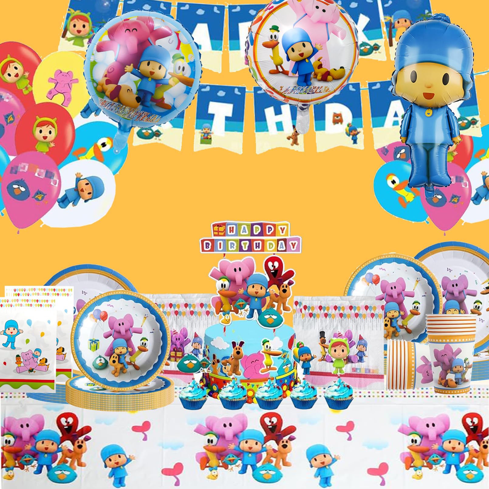 105 Pezzi Pocoy Stoviglie per Feste di Compleanno，Addobbi Compleanno Pocoy，Tovaglioli, Tovaglia, Piatti di Carta