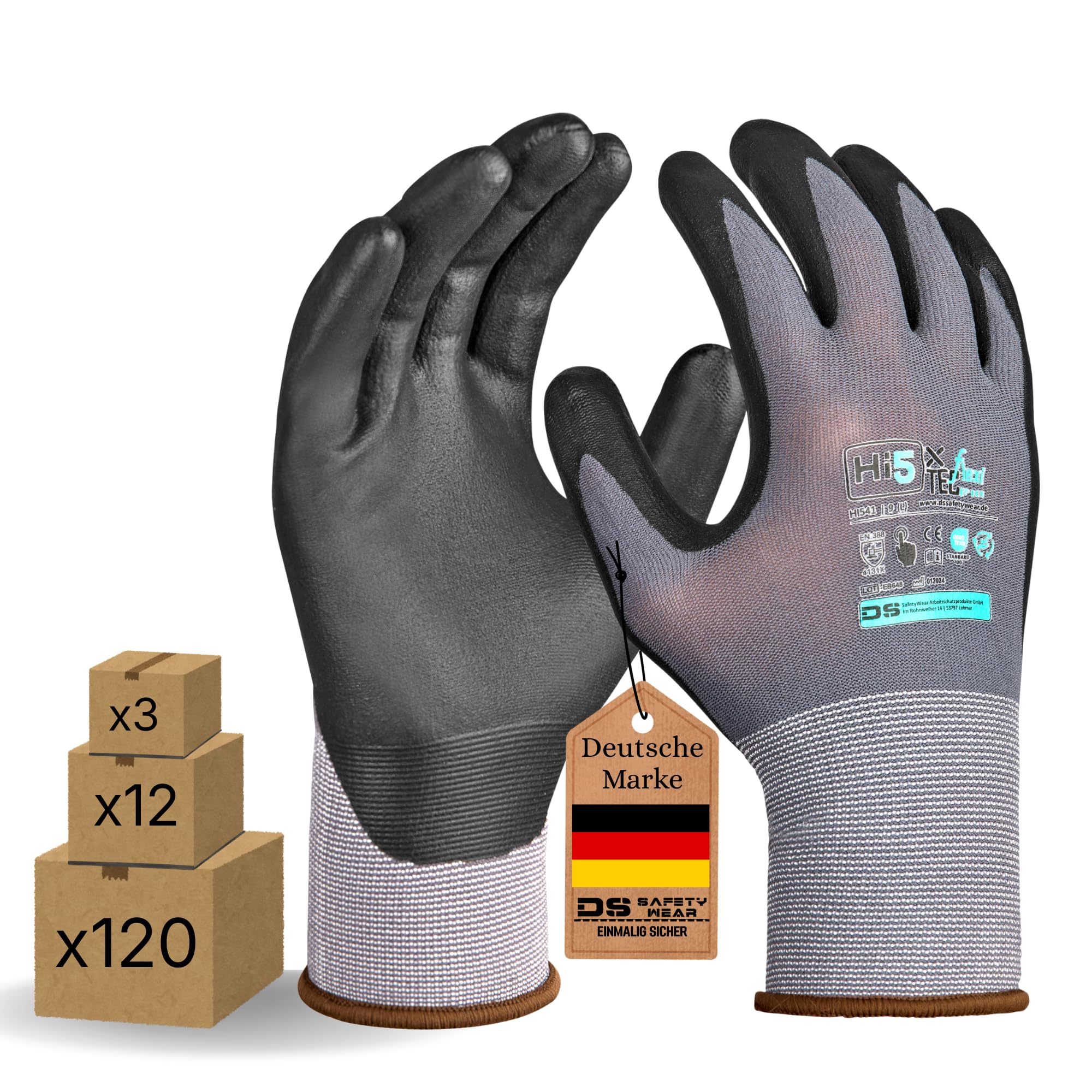 Hi5 DS SafetyWear X-FlexiTec Schnittschutz-Handschuhe 4131X – 15G Nylon/Spandex – Nitril-Mikroschaum-Beschichtung – EN 388 – Touchscreen – grau/schwarz (XS, 120, stück)