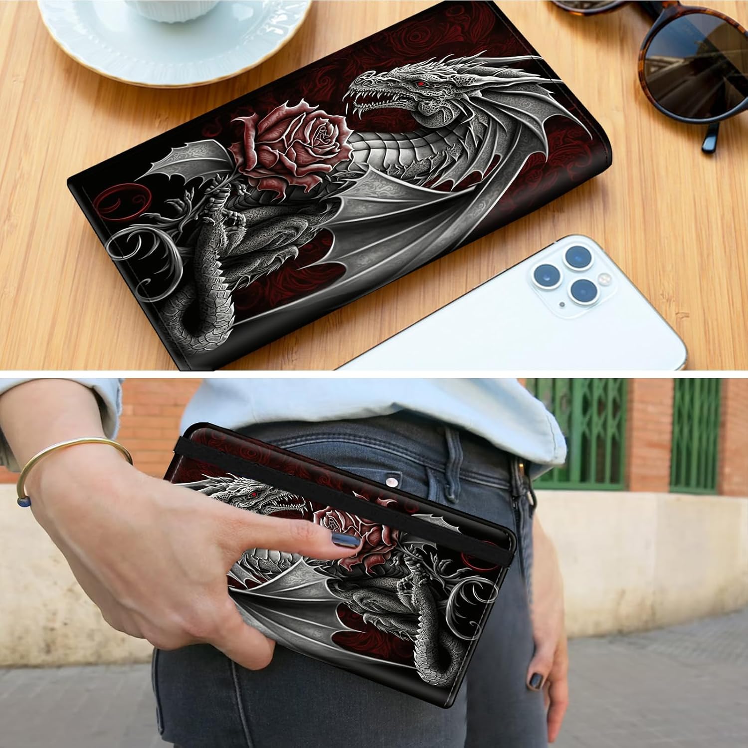 Checkbook Cover for Women Checkbook Holder Wallet,RFID Blocking Checkbook Case,Leather Men Check Book Holder Wallet with Elastic Strap Card Slots Pen Holder-Rose Dragon - Image 7