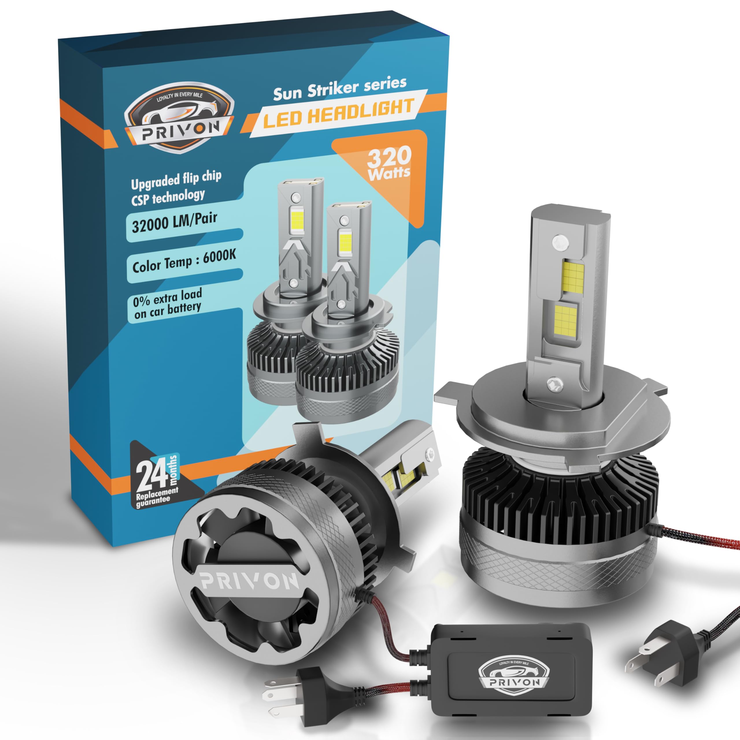 PRIVON LED Headlight Bulb for Car (White LED Headlight for car, 6500K) with External CANBUS Ballast Driver, 02 years Replacement Guarantee (Car LED Headlights Bulb) (320 watts, H4/H19 (3 pin))