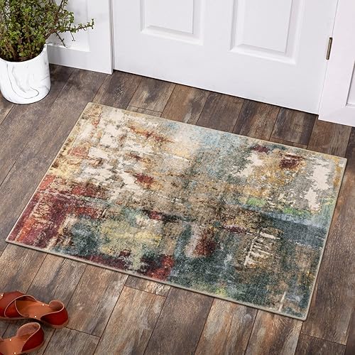 Lahome Modern Abstract Area Rug - 2x3 Washable Small Entryway Rug Kitchen Sink Mat Contemporary Faux Wool Non-Slip Soft Floor Indoor Carpet for Front Door Kitchen Bathroom Pet RV,Red/Multi