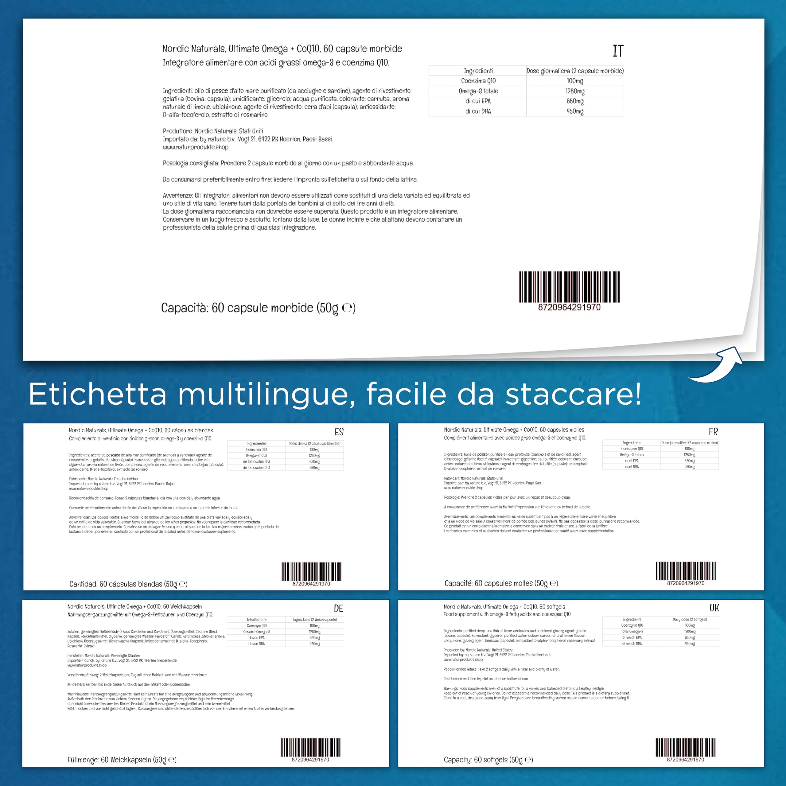 Nordic Naturals Ultimate Omega-3 + CoQ10, 1280 mg di Omega-3, Con EPA, DHA e Coenzima Q10, Alta dose, Gusto limone, 60 Capsule morbide, Testato in Laboratorio, Senza Soia, Senza Glutine, Non OGM