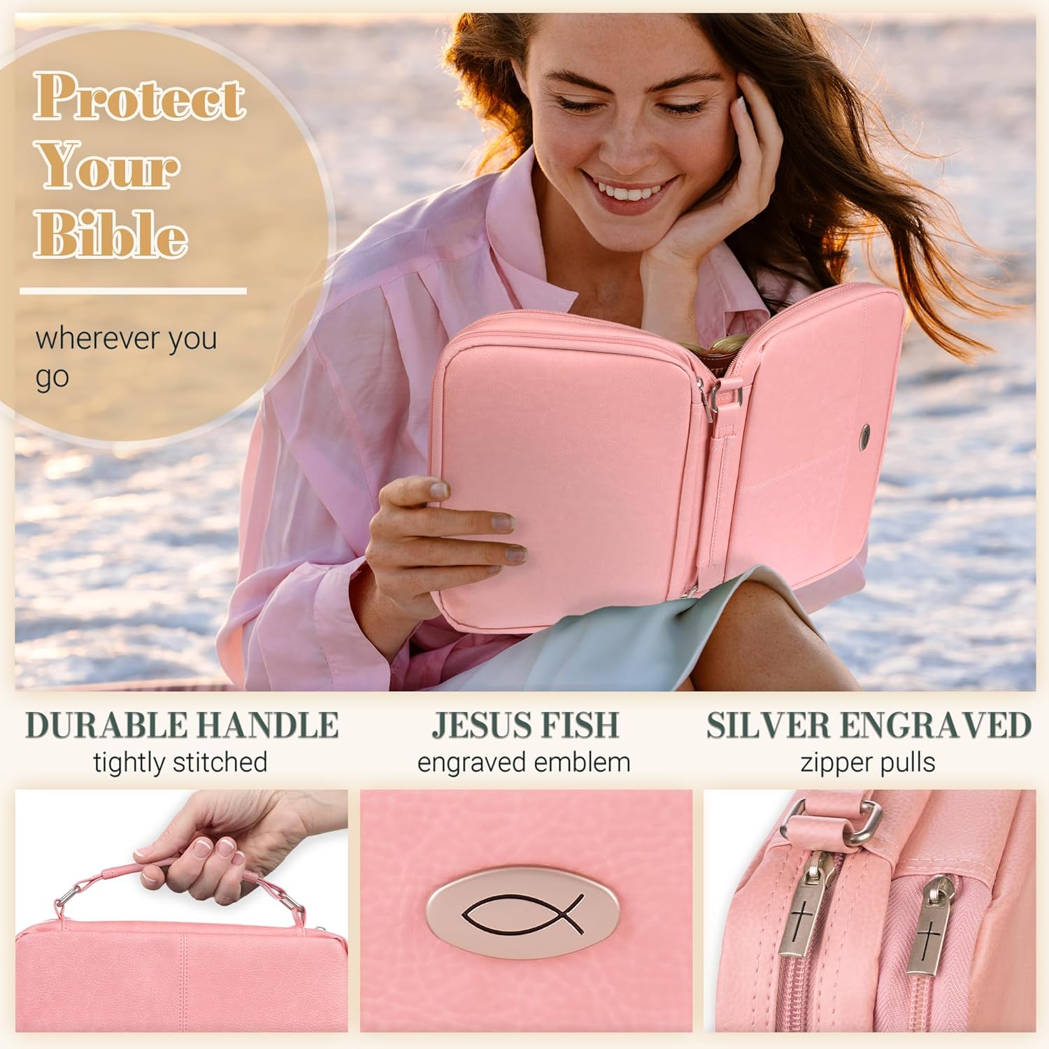 Christian Art Gifts Inspirational Vegan Leather Two-fold Organizer Bible Cover for Women, Jesus Fish Badge, Sturdy Carry Handle, Pen Loops, Pockets, Pen/Highlighter Combo & Notepad, Pink, Medium