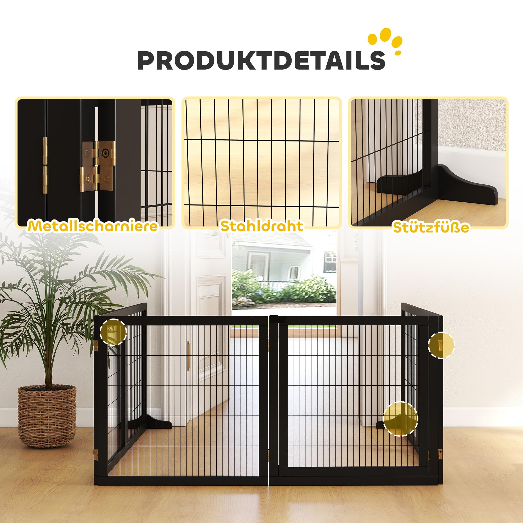 PawHut Puerta de seguridad Barrera para perros Puerta de seguridad con reposapiés Puerta para perros Puerta de seguridad para chimenea y estufa, plegable bidireccional Madera de pino Metal Negro 432 x