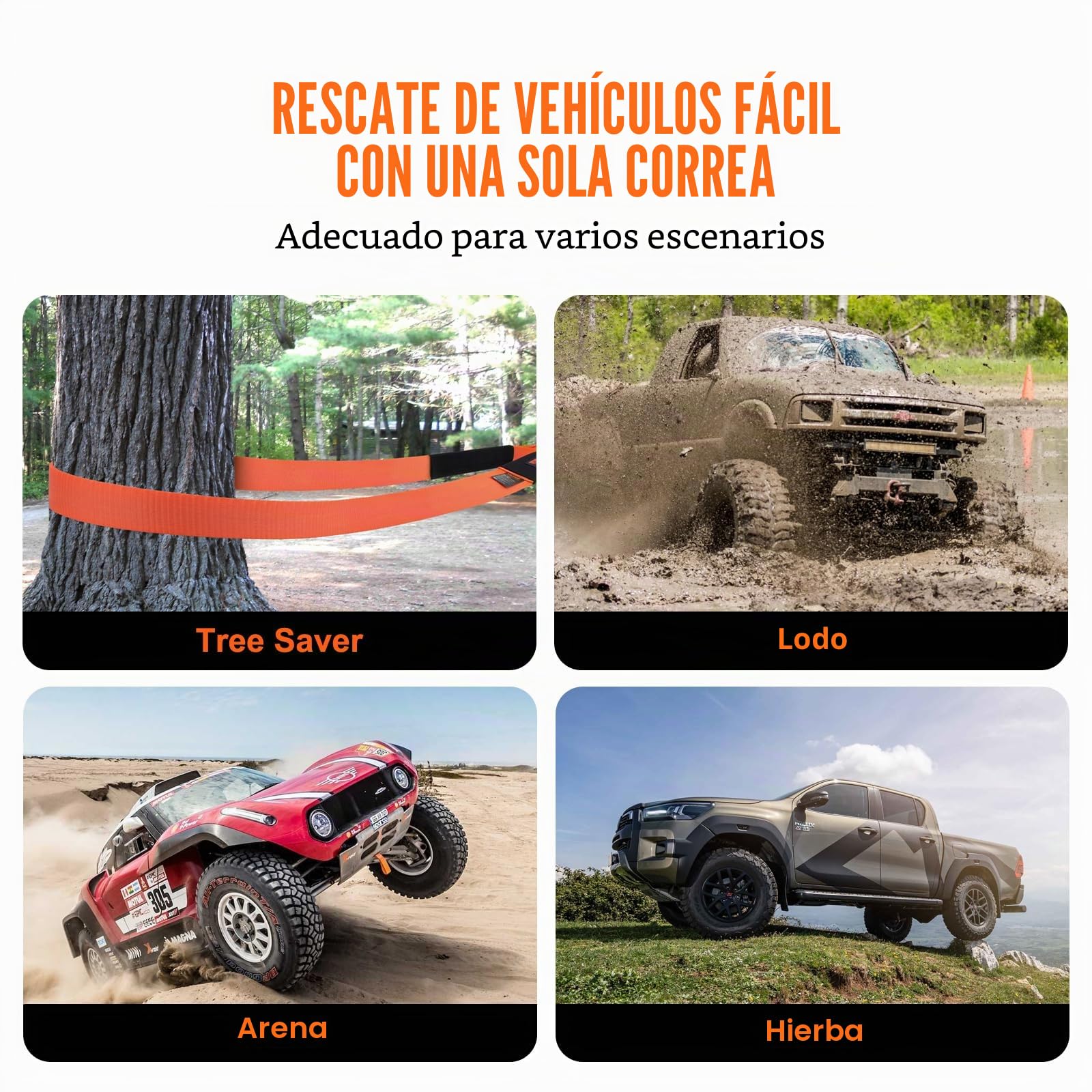 VEVOR - Kit de recuperación de Correa de Remolque (poliéster, 76,2 mm x 9,1 m, Cuerda de cabrestante, 16329 kg, Hebilla Triple Reforzada, Correa de Arranque, Receptor de Enganche de grillete de 50 mm
