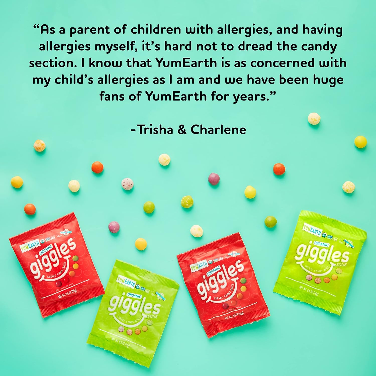 YumEarth Organic Giggles Chewy Candy - Allergy Friendly (Top 9 Free), No Artificial Dyes or Flavors, Non GMO, Gluten Free, Vegan - Individually Wrapped Fruity Snack Packs - 0.5 Ounce (Pack of 60)