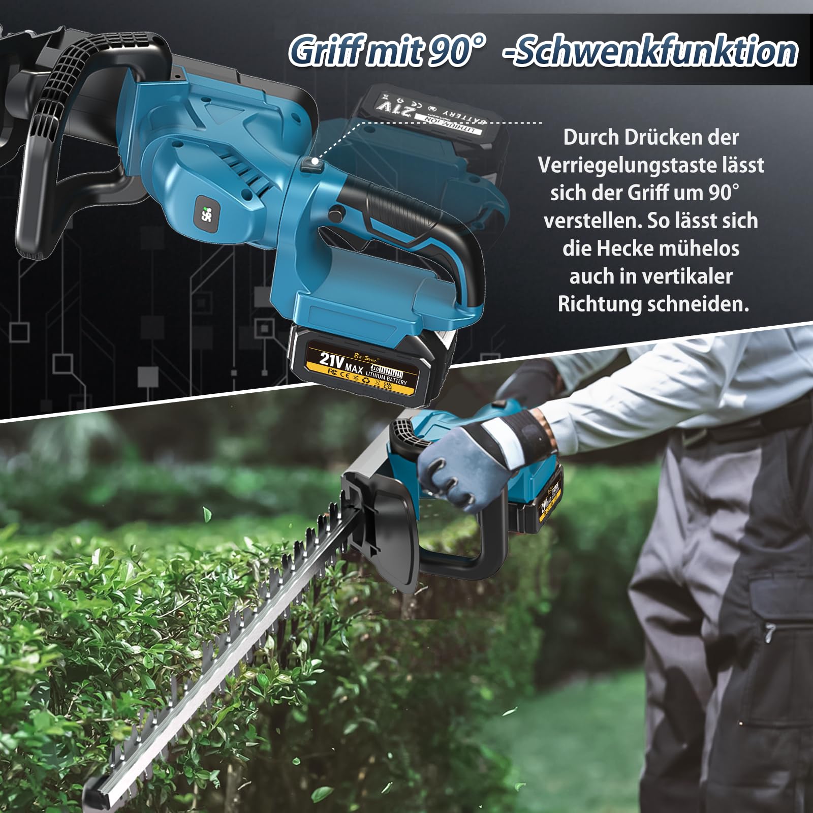 Akku-Heckenschere mit 2 x 4000 mAh Akku | Digitale Akkuanzeige, 90° drehbarer Handgriff, Hochwertige Messer, Reinkupfer-Motor, Für Sträucher & Bäume