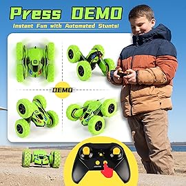 Threeking RC Stunt Cars Remote Control Car Double-Sided Driving 360-degree Flips Rotating Car Toy, Green