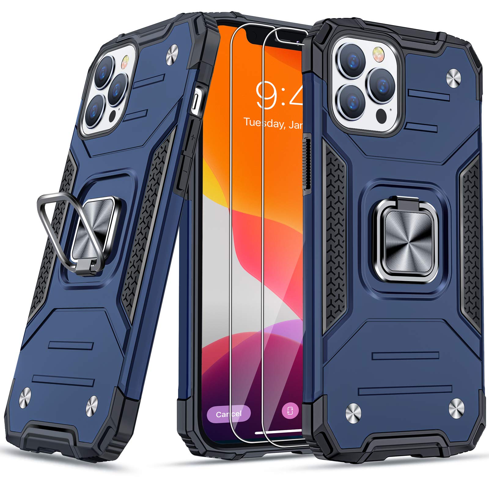 JAMECase for iPhone 12 Pro Max Case with Screen Protectors 2Pcs, Military-Grade Drop Protection Cover, Protective Phone Cases, with Ring Kickstand, Bumper Case for iPhone 12 Pro Max 6.7” Blue