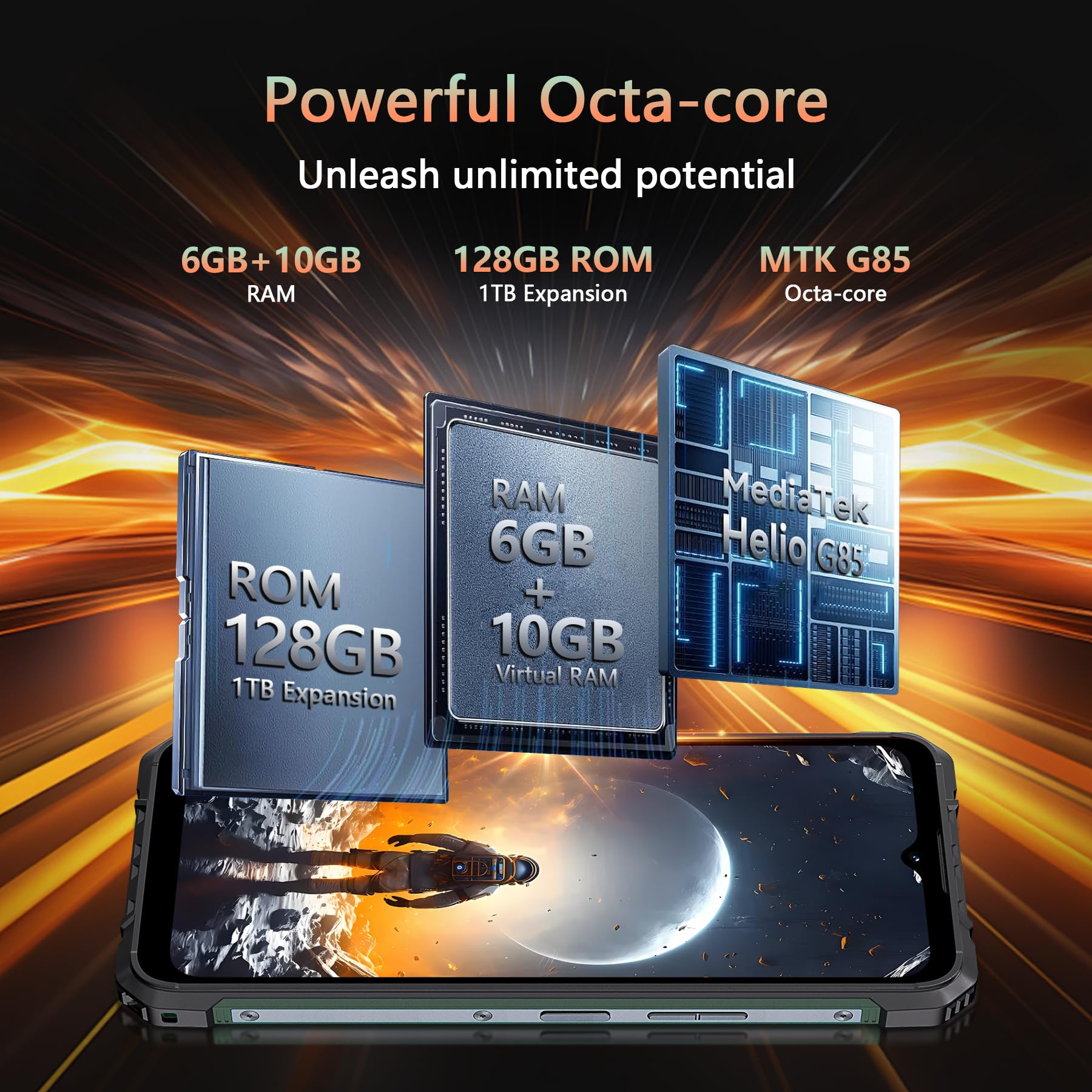 CUBOT Kingkong ACE 2 Rugged Smartphone Android 14, 16GB+128GB/1TB Telefono Indistruttibile, 6.56" HD+ 90Hz Cellulare Antiurto, 48MP, 5100mAh, 1.32" Schermo Posteriore/4G Dual SIM/IP68/NFC/OTG/FACE ID