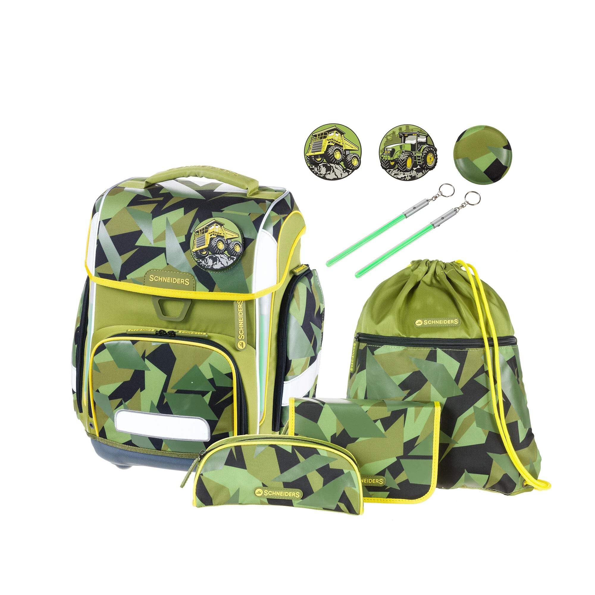 Schneiders 78367-065 - Zaino Ergolite Construction, set da 9 pezzi con cartella, astuccio, borsa porta penne, borsa sportiva, 3 motivi in patch e 2 bastoncini luminosi