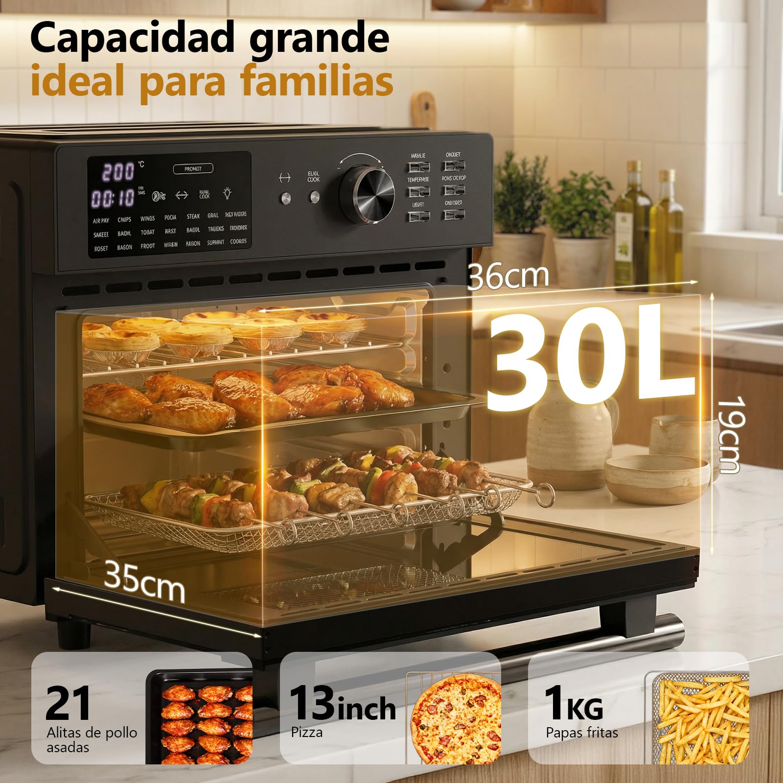 Horno Freidora de Aire Caliente,Gris XXL Freidoras de Aire Multifunción sin Aceite,21 Pre Programas，30°-230°,1800W,Recetas, 7 Accesorios, libro de recetas, Dual Cook, freidora de aire (negro)