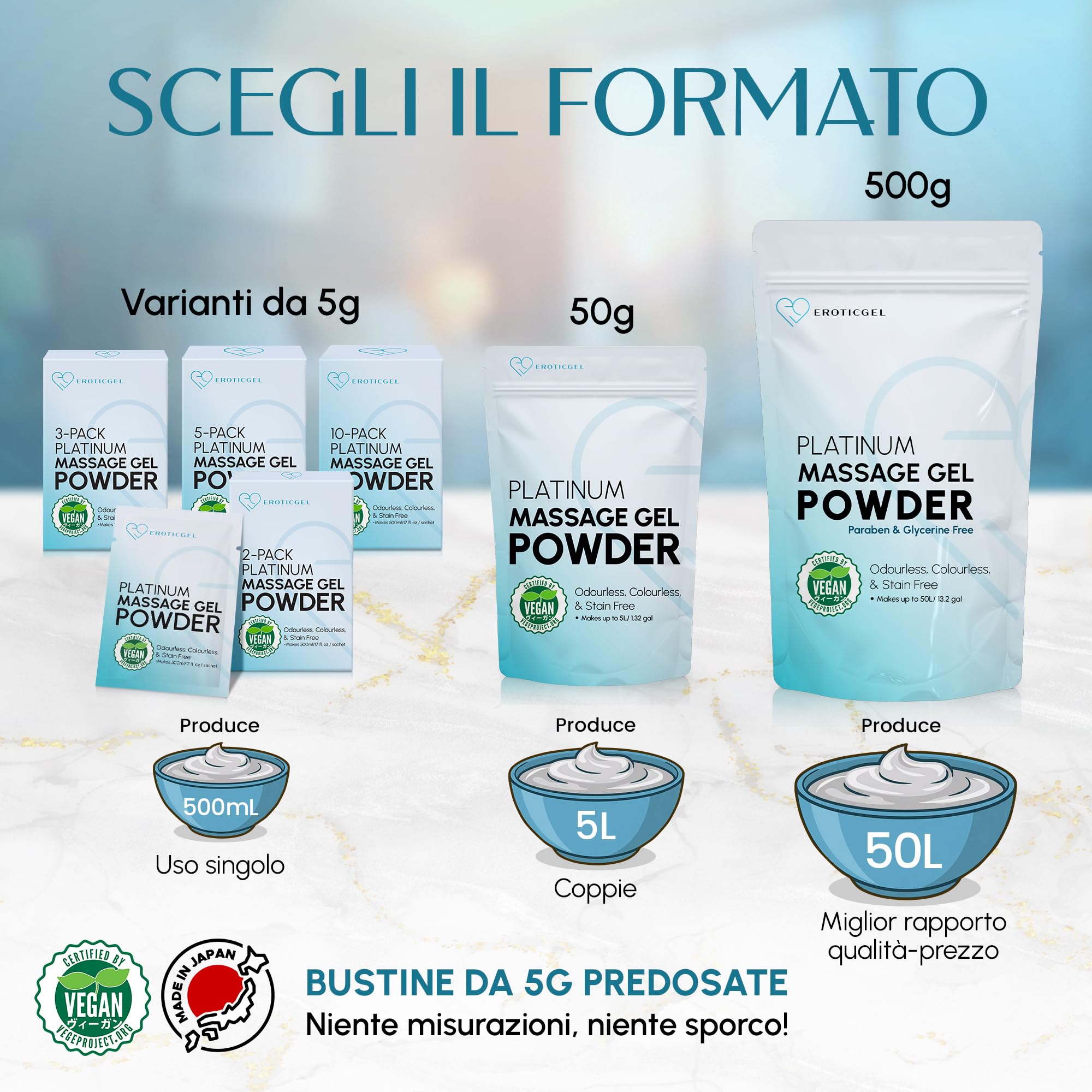 Polvere Gel da Massaggio Nuru Edizione Platinum 500g Bulk Professionale, Formula Neutra, Miscele Personalizzate, Stile Giapponese, Vegano, Senza Profumo, Resa fino a 50 Litri