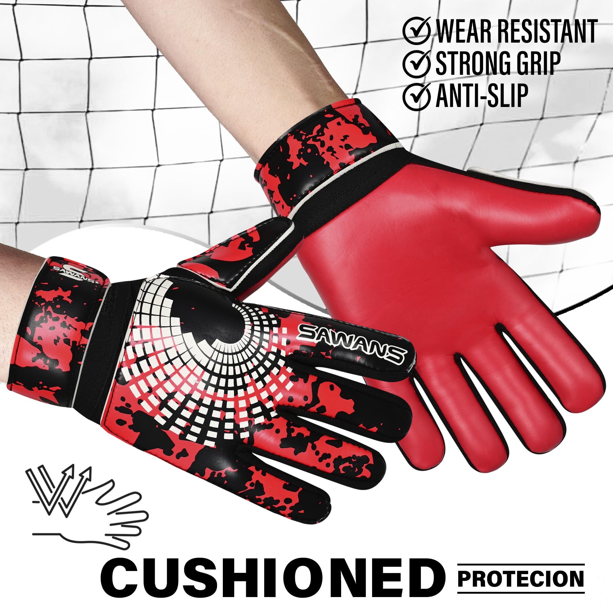 SAWANS Guanti da portiere da calcio per ragazzi, bambini, ragazzi, adulti, guanti da portiere con presa forte, palmo con supporto per il polso, antiscivolo