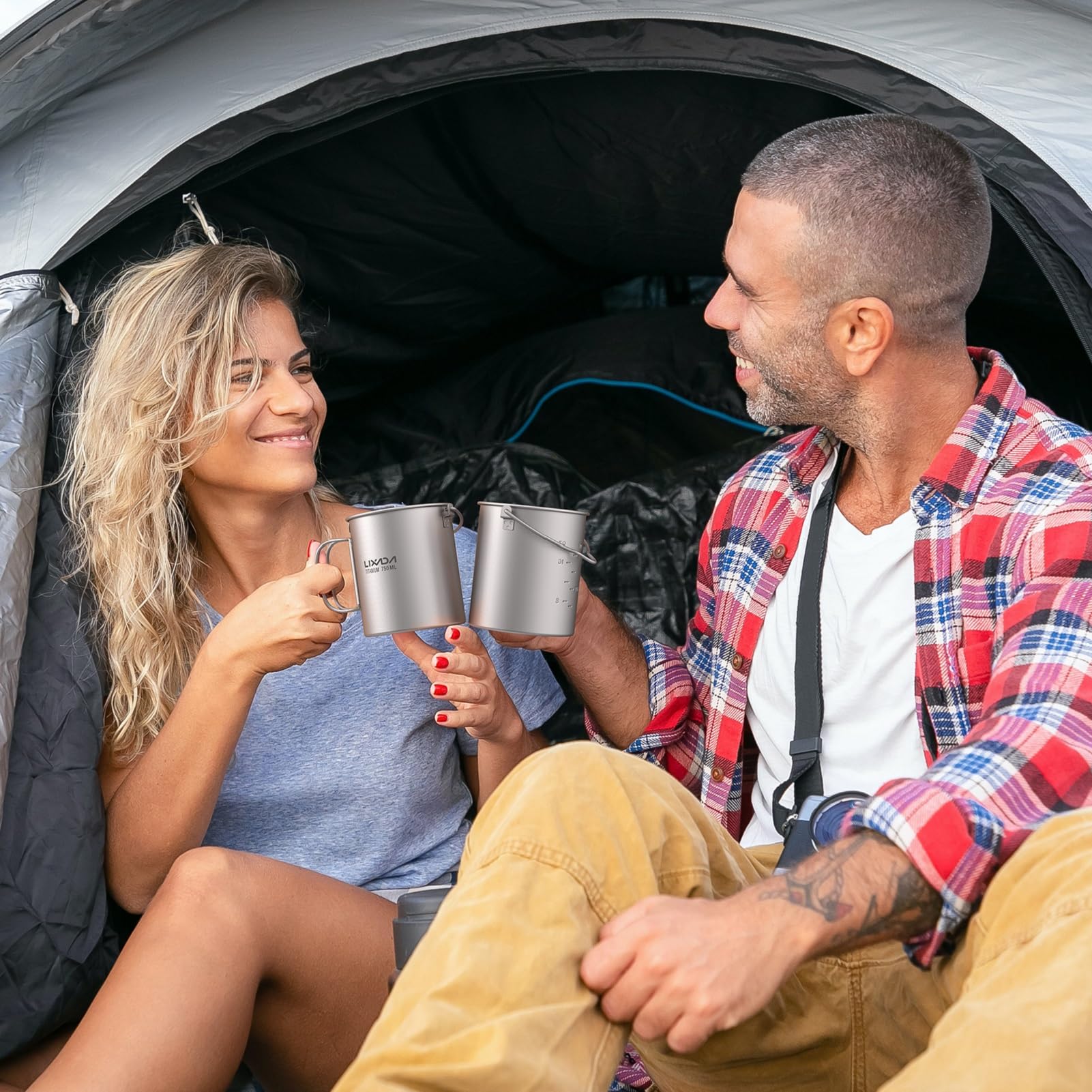 Lixada Campeggio Cucina,3 Pezzi Set di pentole Titanium 750 ml Pot, 420ML Cup Water Mug con Coperchio, Manico Pieghevole Pieghevole Spork per Outdoor Campeggio, 750ML Pot