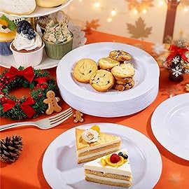 WELLIFE 100 Pieces White Plastic Dessert Plates with 100pcs Silver Disposable Forks, Premium Hard Salad Plate 7.5, Appetizer Plastic Plates for Wedding, Party