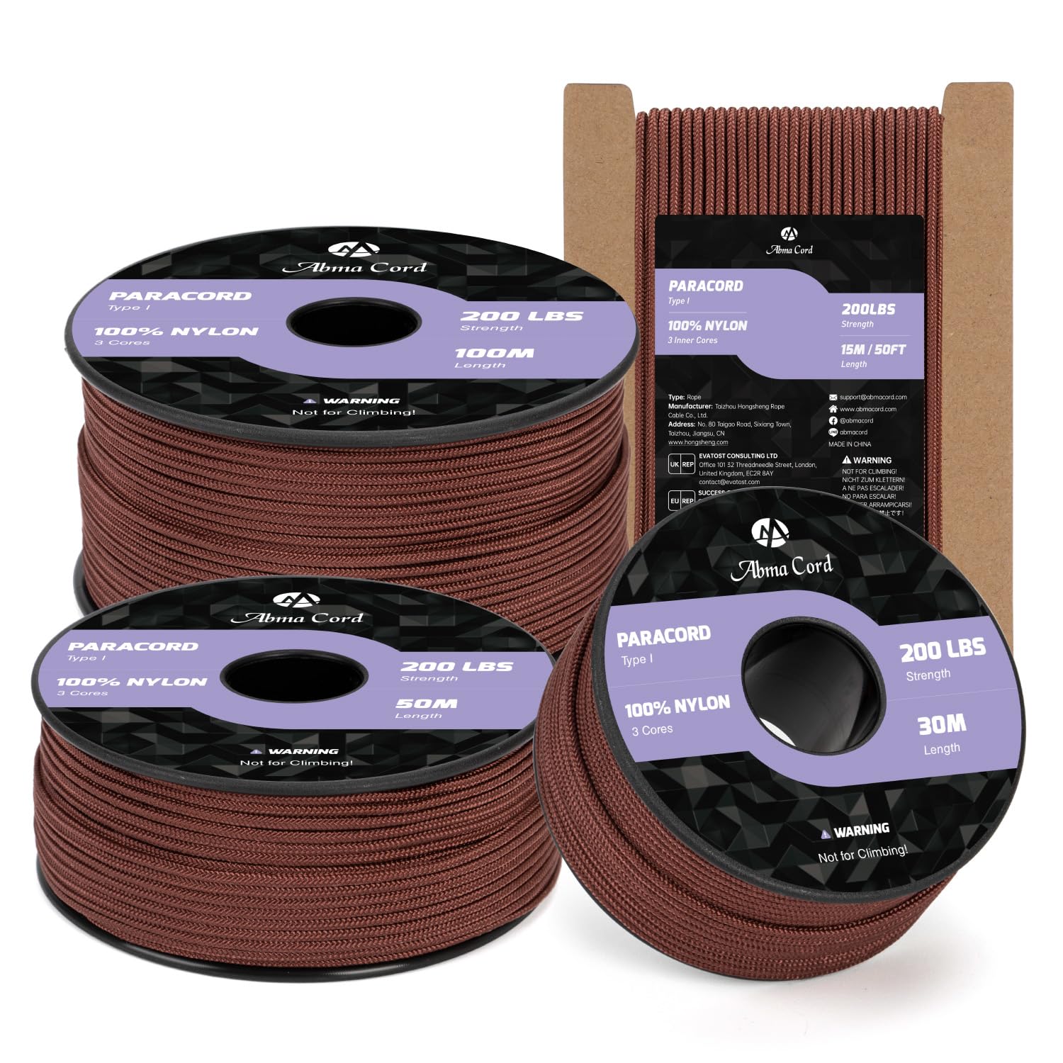 Abma Cord 2mm Paracord 50m Nylon Rope 3 Strands Type I Cord for DIY, Camping, Outdoor - Max. 90kg (200lbs) - Chocolate Brown