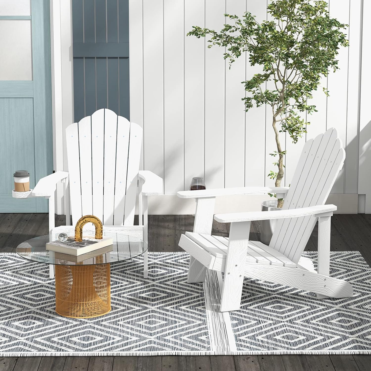 Tangkula Oversized Adirondack Chair, Patio Lounge Chairs w/Adjustable Cup Holder, Hips Armchairs Slatted Chair, Outdoor Weather Resistant Fire Pit Chair for Deck Backyard Garden Porch (1, White)