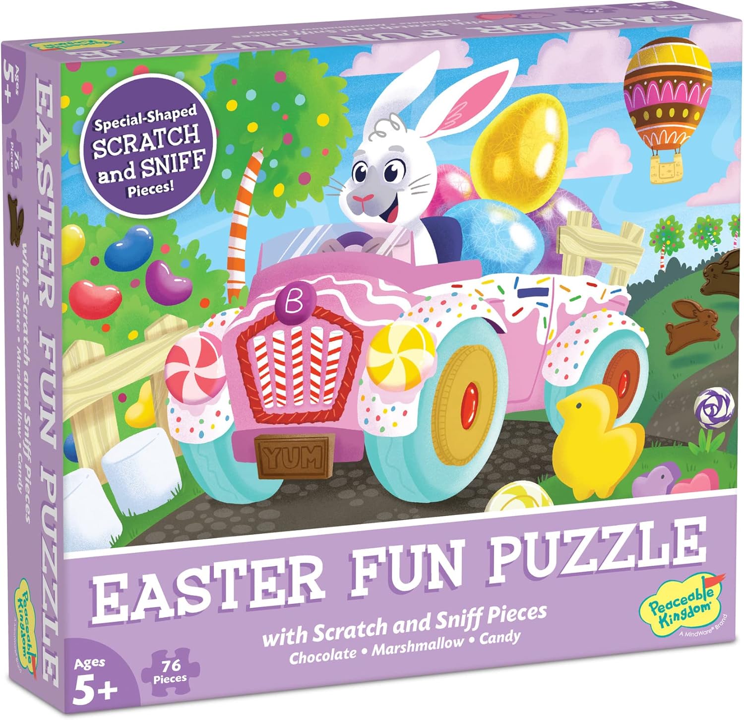 Peaceable Kingdom, Easter Bunny Scratch and Sniff Jigsaw Puzzle, Scented Candy Aroma, Visual Recognition, Problem Solving, Kids Ages 5+, 76 Pieces, Classroom Use, Easter Holiday Puzzle