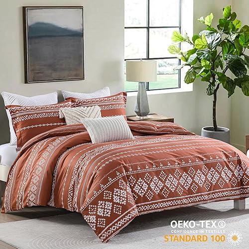 Miniatura 3 de Juego de funda de edredón bohemio tamaño Queen 100% algodón de 400 hilos, patrón geométrico bohemio, suave, ligero, naranja quemado, juego de ropa