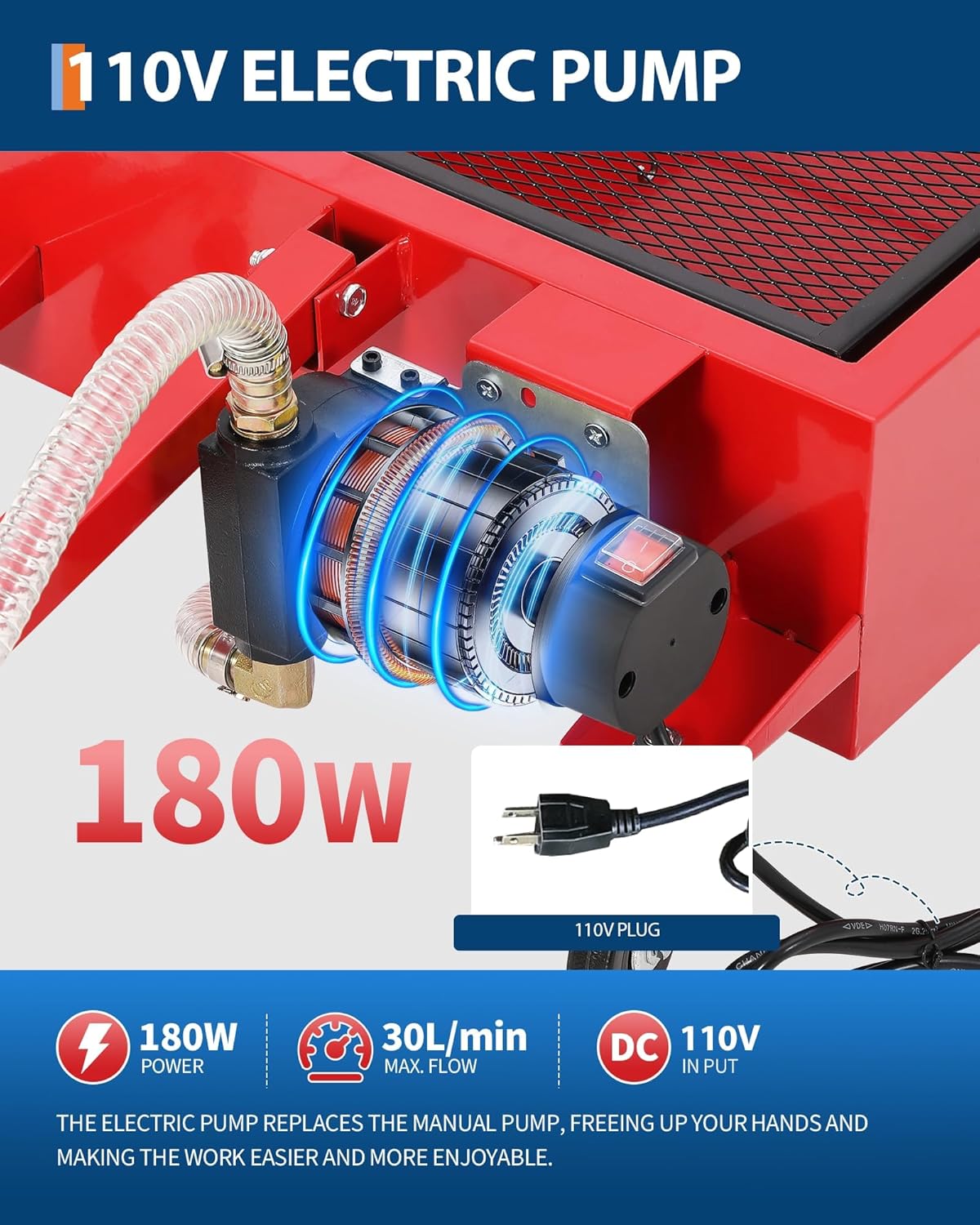 20 Gallon Oil Drain Pan, Low Profile Oil Drain Pan with 110v 180w Electric Pump, Heavy-Duty Metal Oil Change Pan for Cars,Folding Handle, 8FT Hose for Cars, SUVs, Trucks, Buses, RVs
