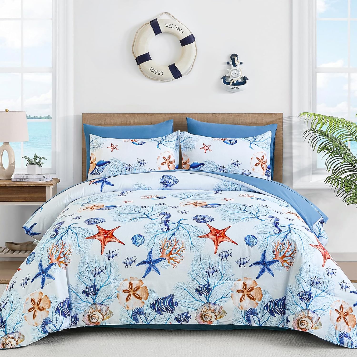 WONGS BEDDING Coastal Queen Comforter Set, 7 Pieces Beach Themed Ocean Sand Dollor & Starfish Pattern Bed in a Bag, Summer Bed Comforter Bedding Set(90"×90")