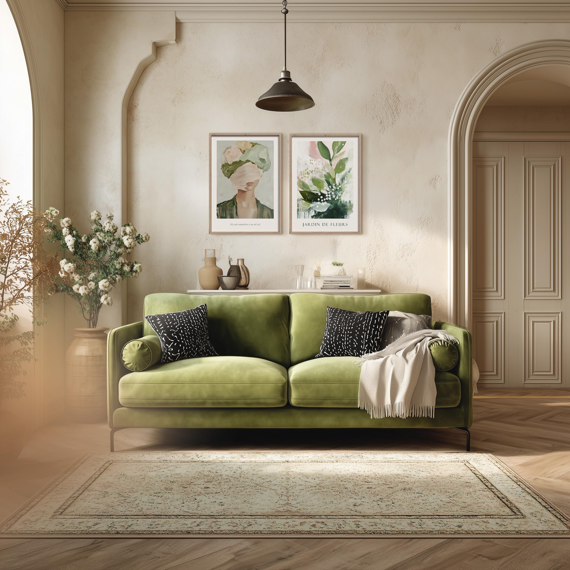 STYLER Gerahmtes Poster Fleurs 50 x 70 cm I Abstraktes florales Kunstmotiv in Grün- & Rosétönen I Wandbild Wohnzimmer Schlafzimmer Büro I Wanddeko Modern Bild mit Holzrahmen