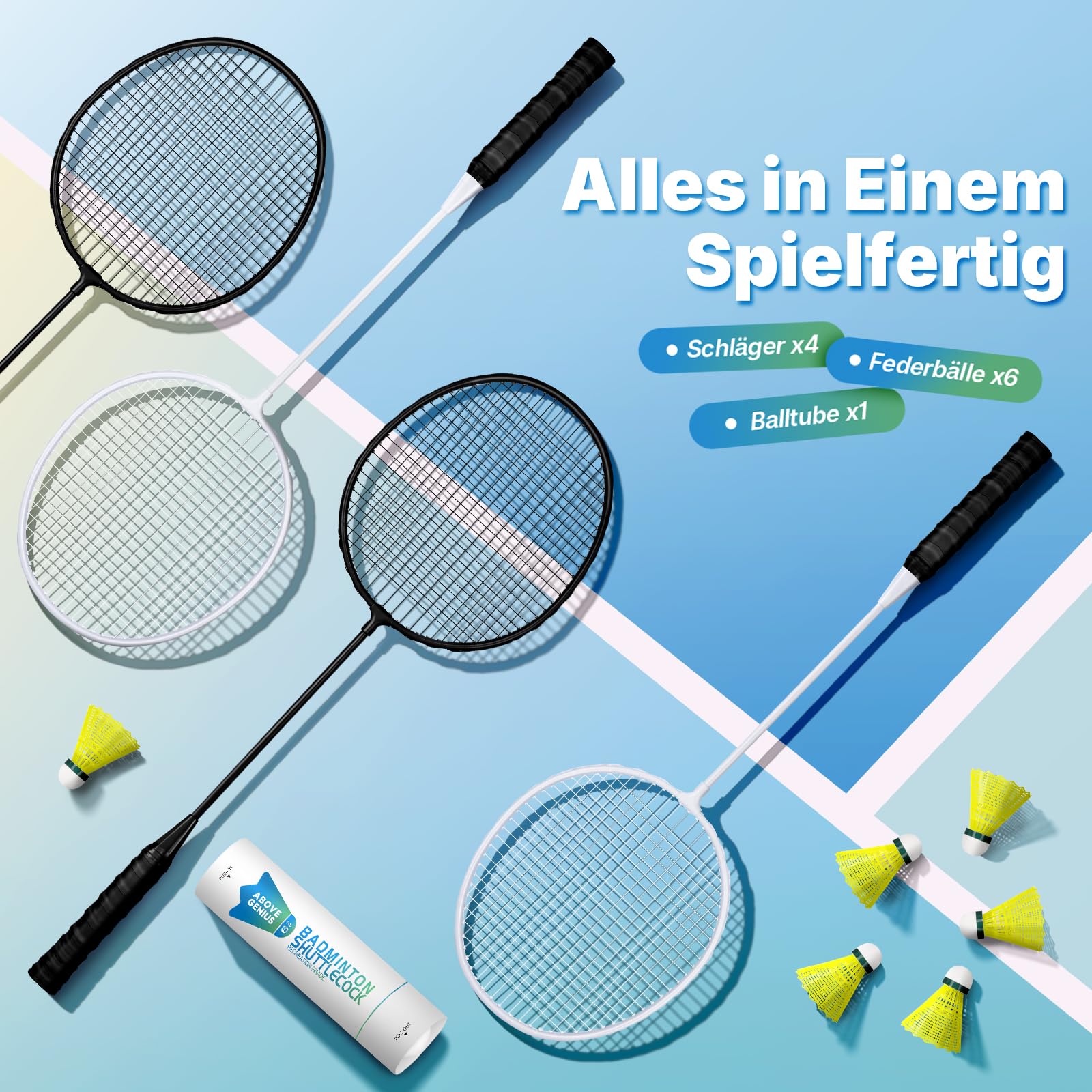 AboveGenius Badmintonschläger 4er Set für Outdoor Hinterhofspiele, darunter 4 Schläger, 6 Nylon Badminton-Federbälle, leichte Badmintonschläger für Anfänger