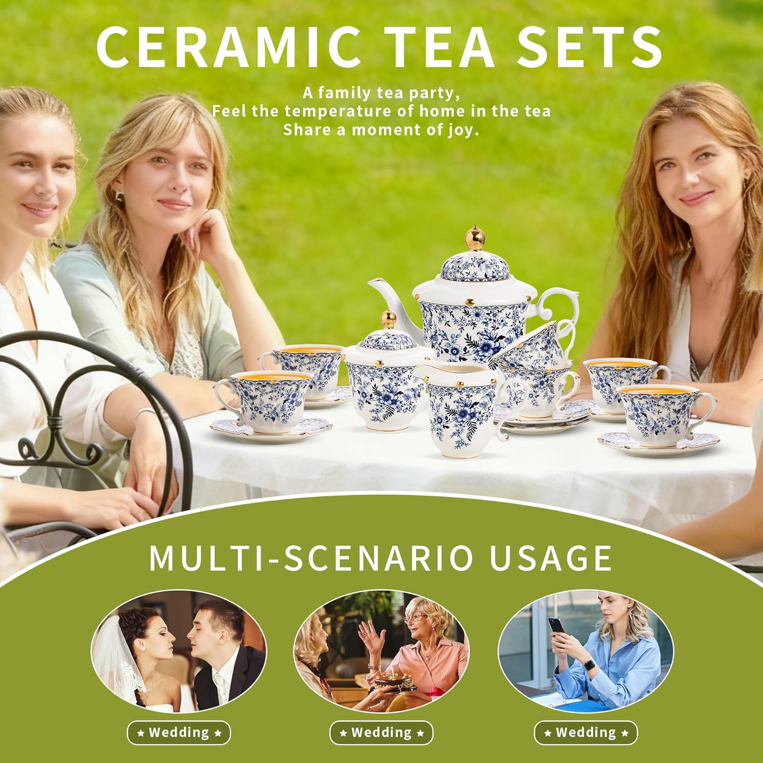 TATSUMI Country Roses Porcelain Tea Set, European Ceramic tea set for adults,Vintage Style, For Women and Tea Parties (BLUE, 21 Pieces Set)