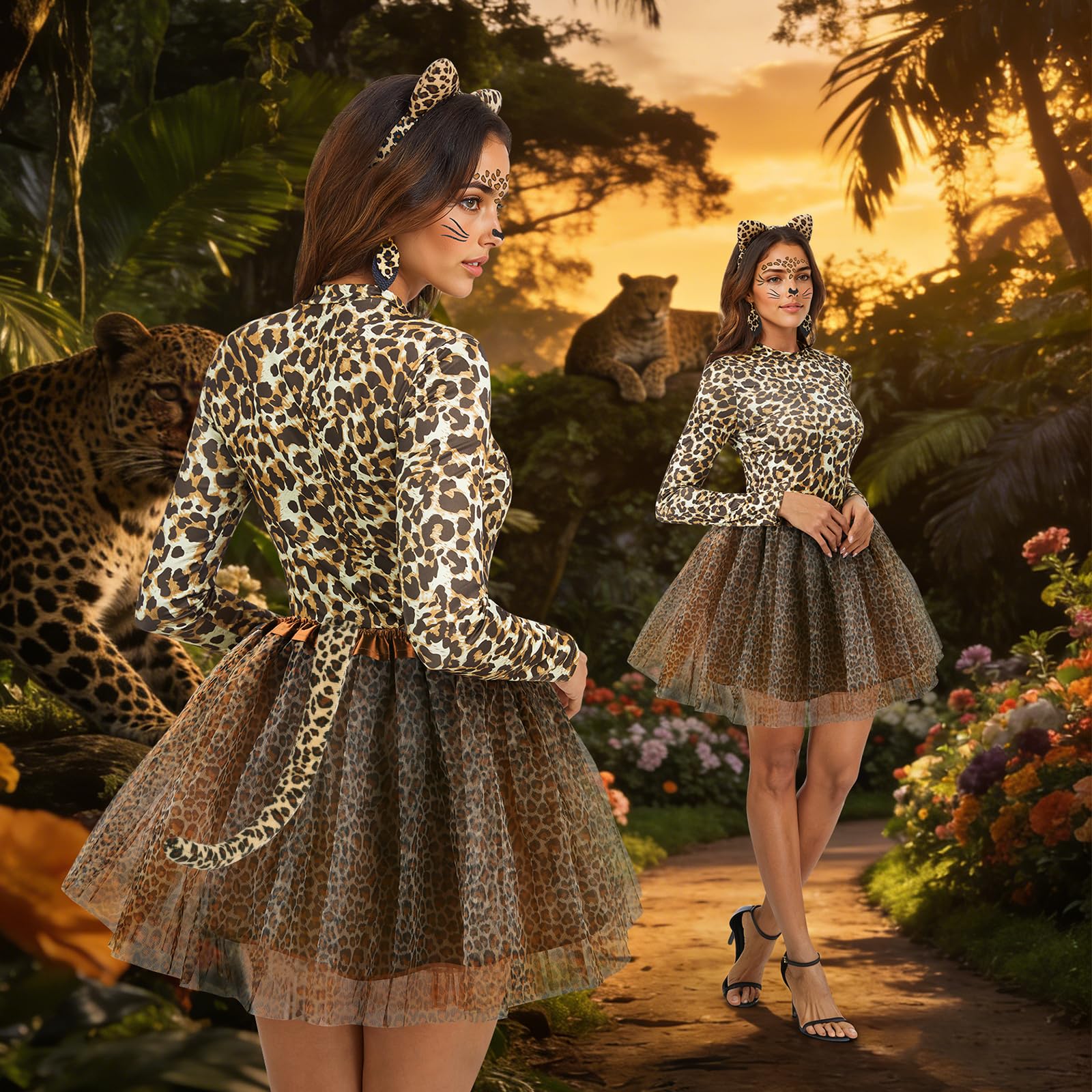 Charmofun Costume de Léopard pour Femme, Déguisement Leopard Femme avec Serre-tête Léopard, Boucles D'oreilles, Queue et Tatouage du Visage, Deguisement Animaux pour Carnaval Halloween Fête (XS)