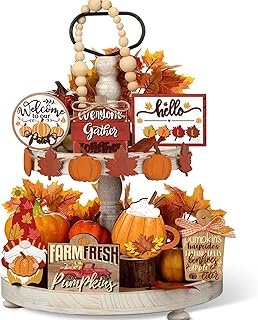 BBTO Set of 15 Thanksgiving Fall Tiered Tray Decor Pumpkins Farmhouse Decor Autumn Maple Leaf Table Centerpieces Harvest W...