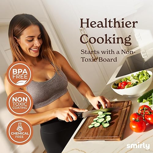 Miniatura 6 de SMIRLY - Juego de tablas grandes para cortar para la cocina, con soporte incluido, hecho de madera de bambú