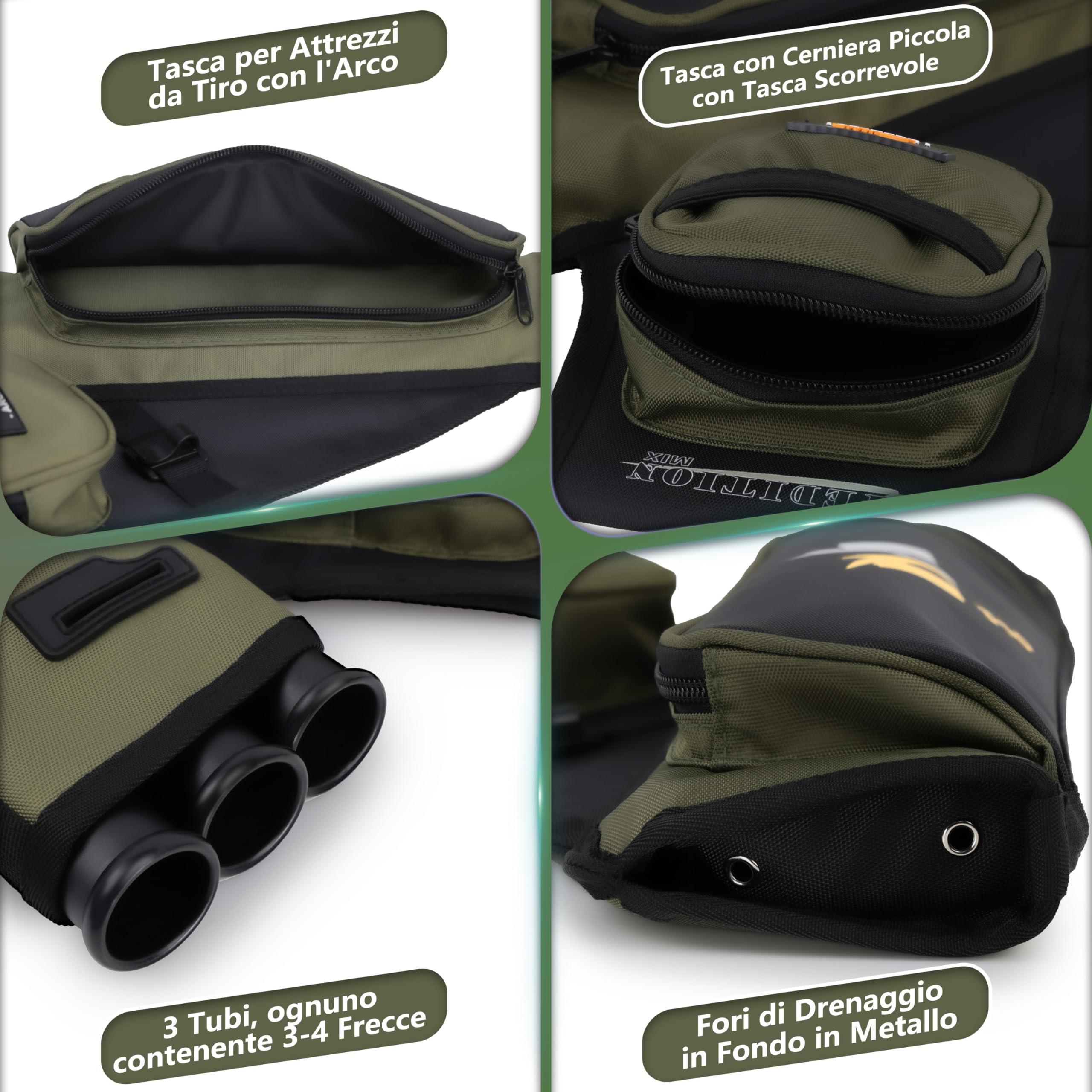 Sunya faretra per frecce Arco. Include 3 Tubi portafrecce, Tasche per Accessori e Cintura. Adatto per Archi Compound e recurve.