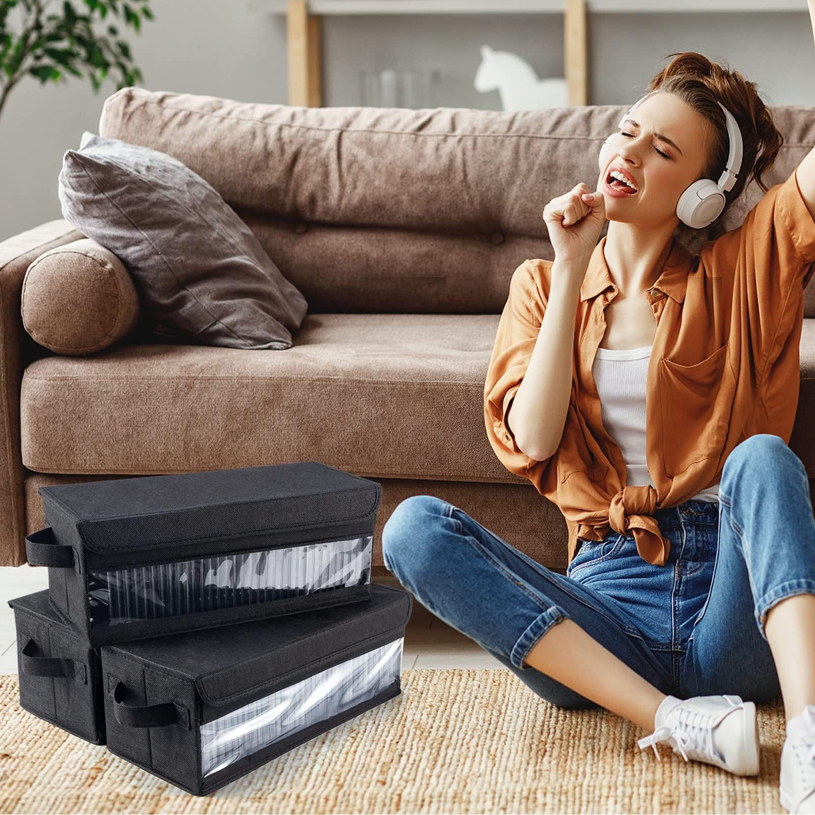 Scatola Porta CD con Coperchio,porta cd portatile Con finestra di visualizzazione,Contenitori Impilabili con Coperchio Pieghevole per 32 CD per Casa e Auto, Nero